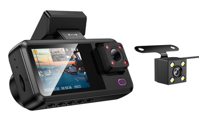HOCO DV15 Car Dash Camera with Front and Back 720P Video Recorder, 2-inch IPS HD Screen, Three Lens Type, Ultra Wide-Angle Lens, HD Night Vision Loop Recording and Sound Recording - Black